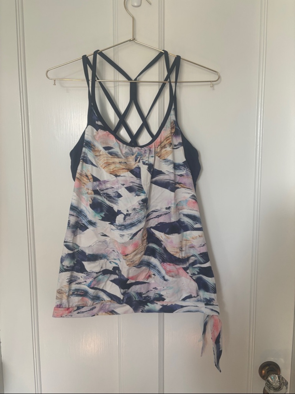 Athleta Navy Multi Abstract Strappy Swim Tank with Pastel Accents